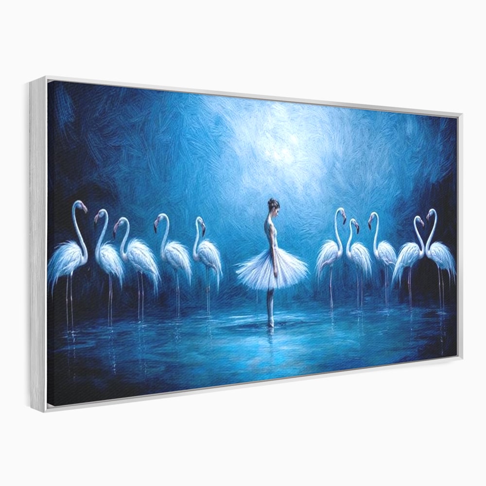 Tablou canvas cu tablou canvas cu balerina si flamingo, in rama de aluminiu argintiu